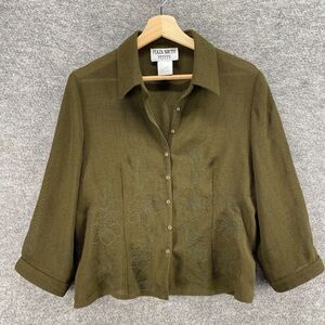 Plaza South Shirt Women 10P Petite Green Button Up Collared Long Sleeve Casual